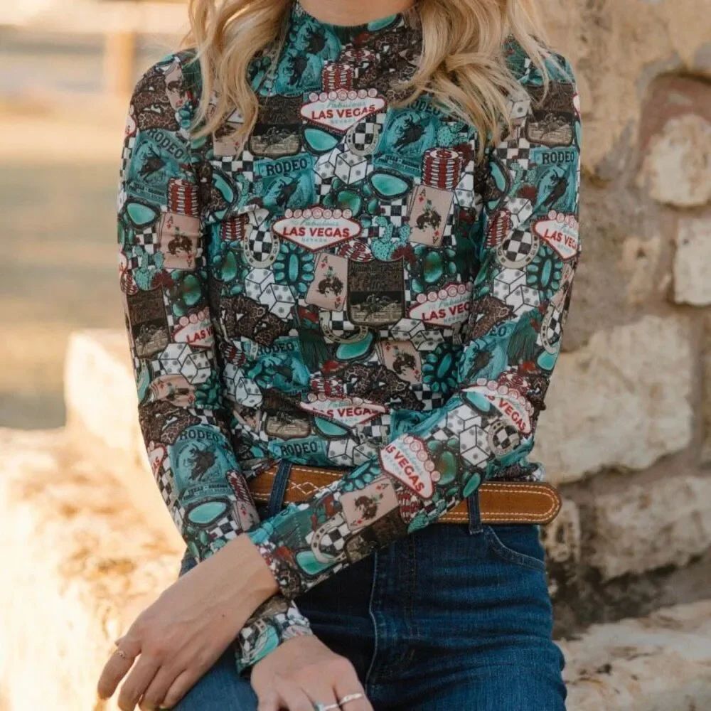 Southwestern Viva Las Cowgirl Mesh Top Vegas Fun New